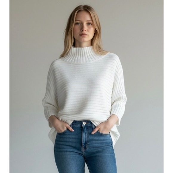 French Connection Sweaters - French Connection White‎ Large Mock Neck Ribbed Oversized Cotton Sweater